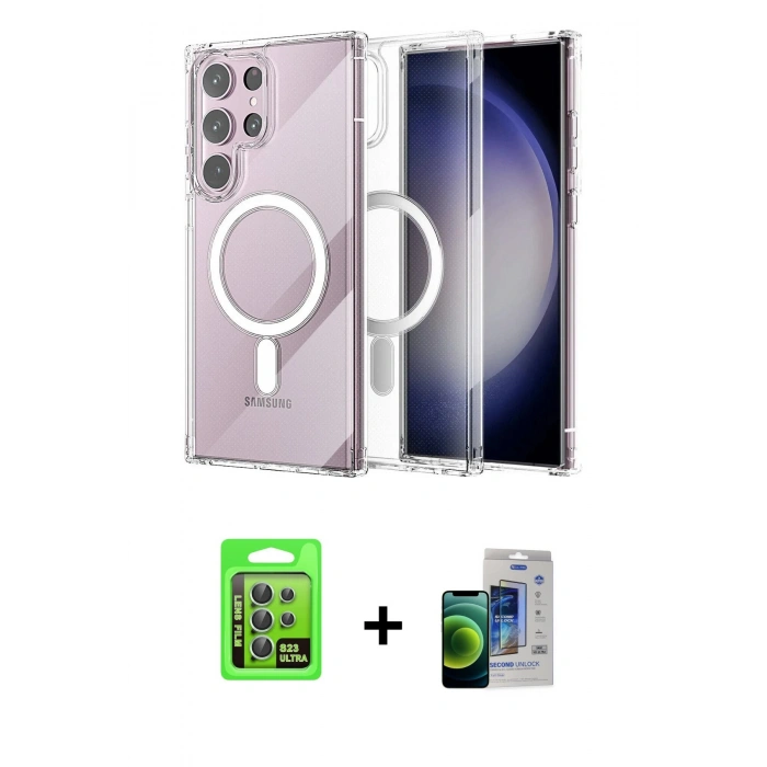 MARSİLYAN™- Galaxy S23 Ultra Kılıf Ahenk Yansıma Prime - Siyah Durable Full Glue Curved Cam + Yeşil Raze Metal Kamera Lens