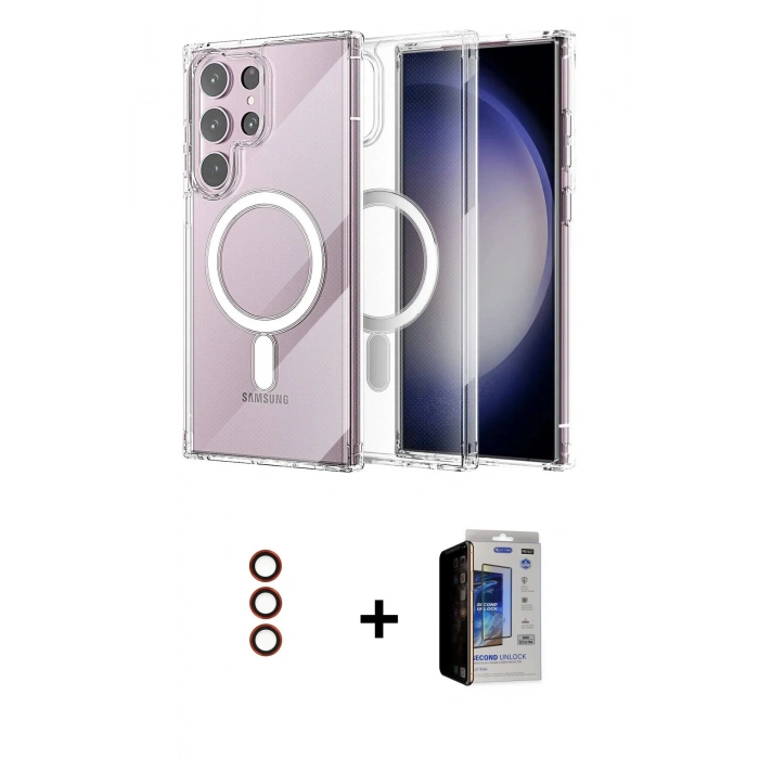 MARSİLYAN™- Galaxy S23 Ultra Kılıf Ahenk Yansıma Prime - Siyah Durable Full Glue Curved Hayalet Cam + Metal Kamera Lens - KI
