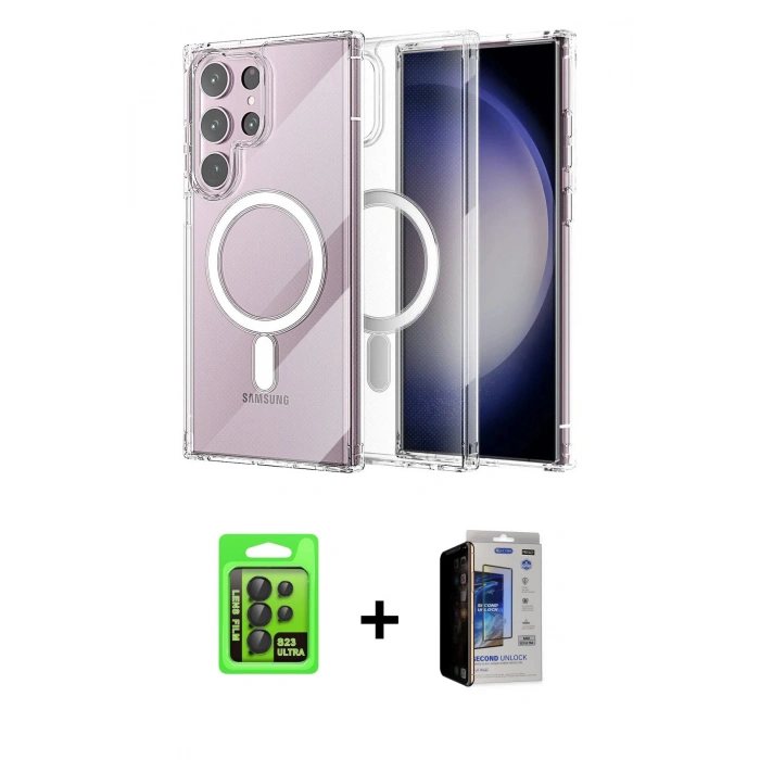 MARSİLYAN™- Galaxy S23 Ultra Kılıf Ahenk Yansıma Prime - Siyah Durable Full Glue Curved Hayalet Cam + Raze Metal Kamera Lens - SH