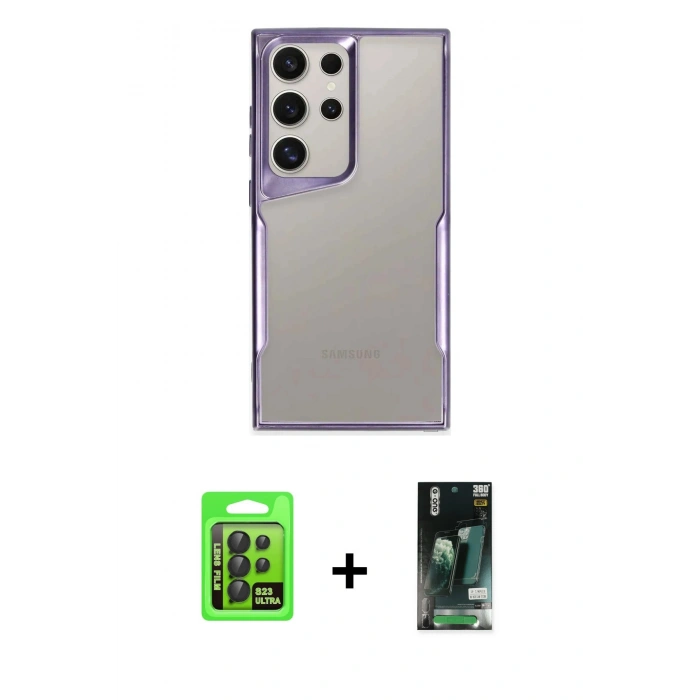 MARSİLYAN™- Galaxy S23 Ultra Kılıf Akış Çizgi Koleksiyonu - Şeffaf 360 Full Body Arka Koruyucu + Raze Metal Kamera Lens - SH