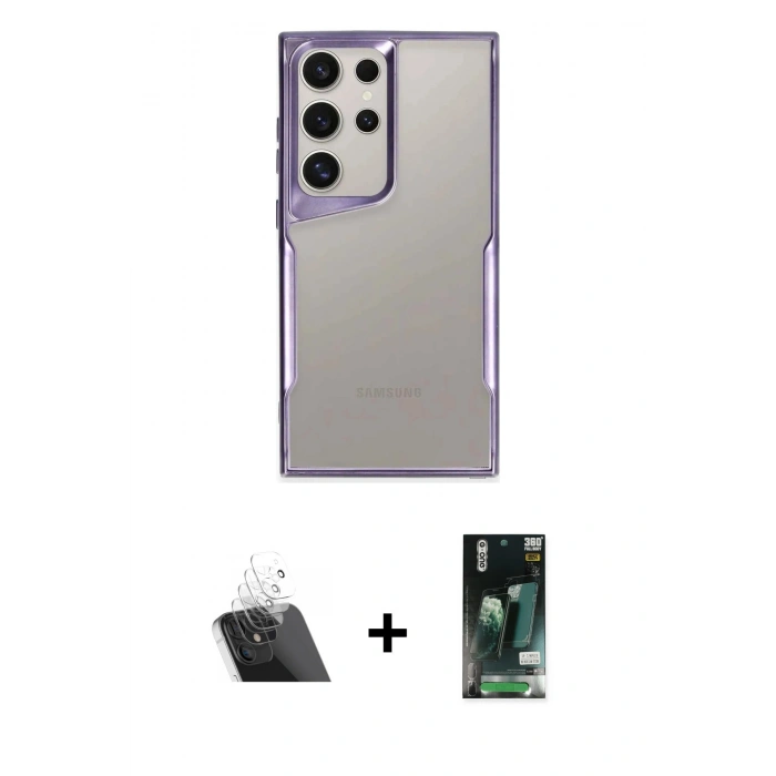 MARSİLYAN™- Galaxy S23 Ultra Kılıf Akış Çizgi Koleksiyonu - Şeffaf 360 Full Body Arka Koruyucu + Kamera Lens Koruma Cam - SF
