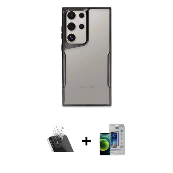 MARSİLYAN™- Galaxy S23 Ultra Kılıf Akış Çizgi Koleksiyonu - Siyah Durable Full Glue Curved Cam + Kamera Lens Koruma Cam - SF