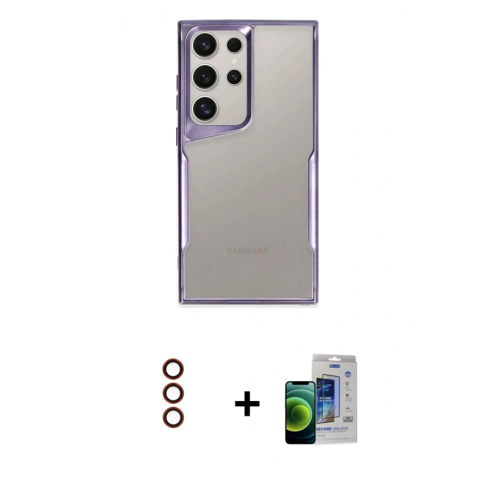 MARSİLYAN™- Galaxy S23 Ultra Kılıf Akış Çizgi Koleksiyonu - Siyah Durable Full Glue Curved Cam + Metal Kamera Lens - KI
