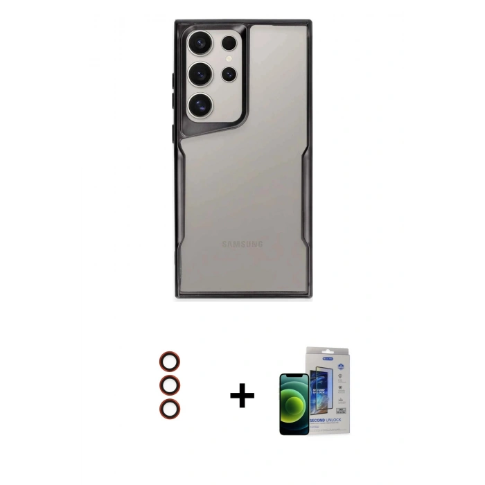 MARSİLYAN™- Galaxy S23 Ultra Kılıf Akış Çizgi Koleksiyonu - Siyah Durable Full Glue Curved Cam + Metal Kamera Lens - KI