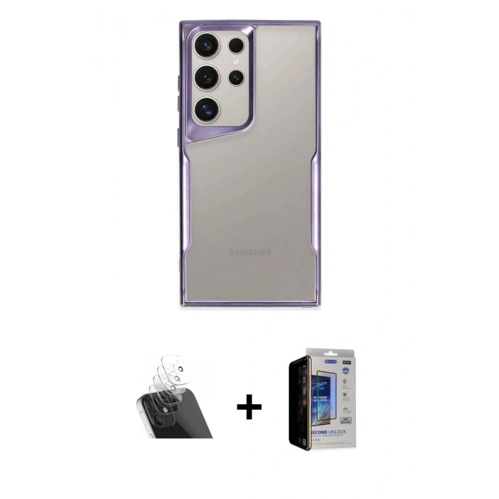 MARSİLYAN™- Galaxy S23 Ultra Kılıf Akış Çizgi Koleksiyonu - Siyah Durable Full Glue Curved Hayalet Cam + Kamera Lens Koruma Cam - SF