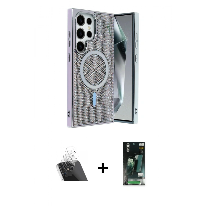 MARSİLYAN™- Galaxy S23 Ultra Kılıf Eksen Çizgi - Şeffaf 360 Full Body Arka Koruyucu + Kamera Lens Koruma Cam - SF