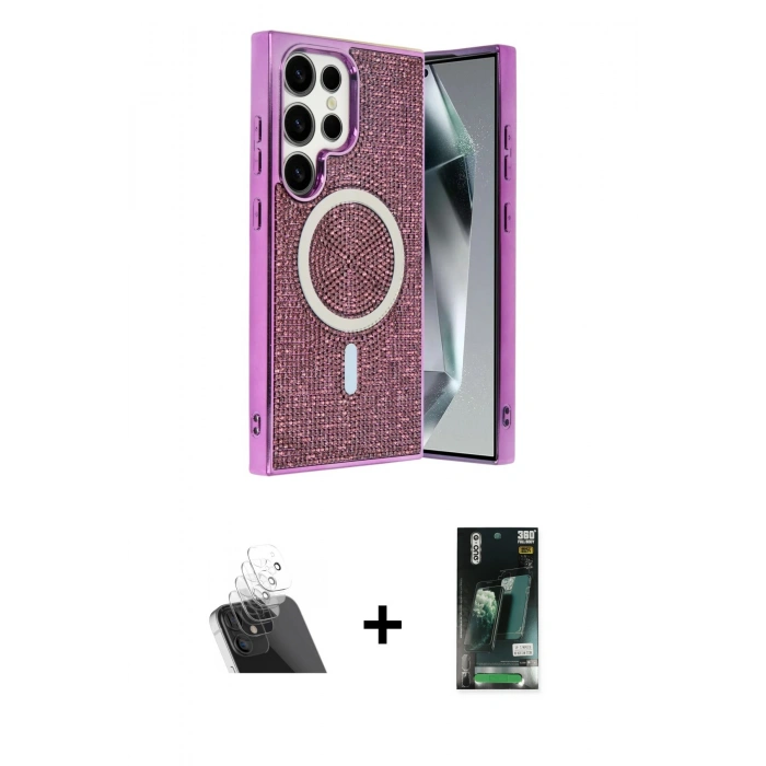 MARSİLYAN™- Galaxy S23 Ultra Kılıf Eksen Çizgi - Şeffaf 360 Full Body Arka Koruyucu + Kamera Lens Koruma Cam - SF