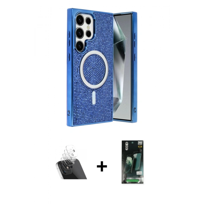 MARSİLYAN™- Galaxy S23 Ultra Kılıf Eksen Çizgi - Şeffaf 360 Full Body Arka Koruyucu + Kamera Lens Koruma Cam - SF