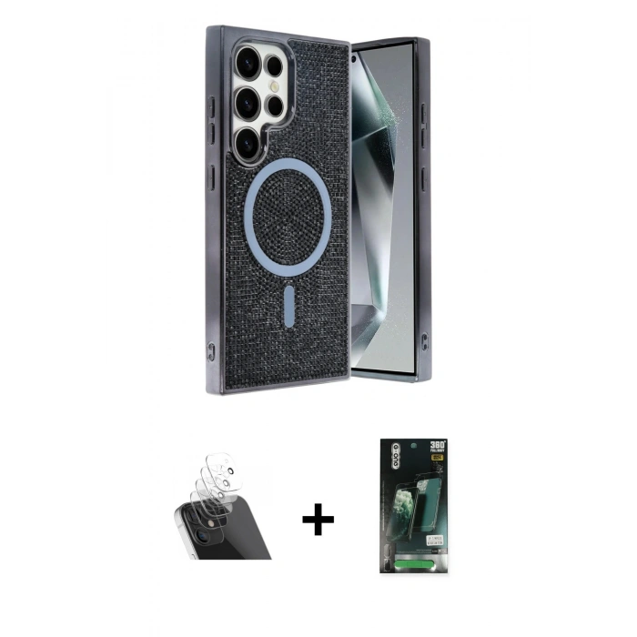 MARSİLYAN™- Galaxy S23 Ultra Kılıf Eksen Çizgi - Şeffaf 360 Full Body Arka Koruyucu + Kamera Lens Koruma Cam - SF