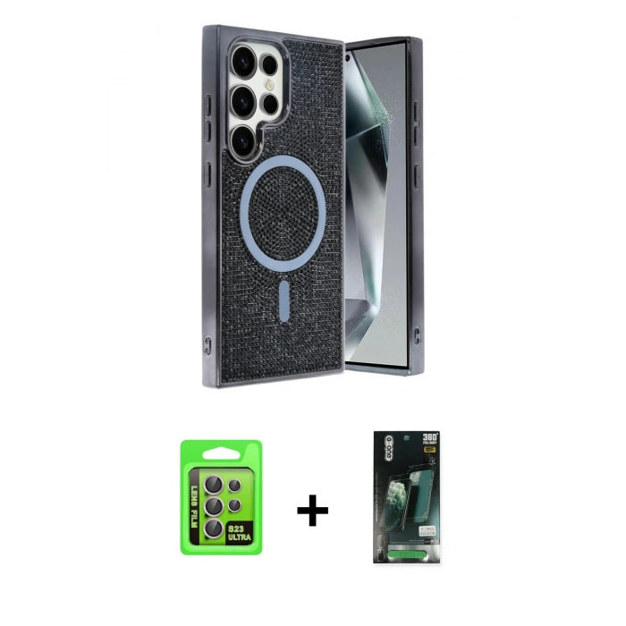 MARSİLYAN™- Galaxy S23 Ultra Kılıf Eksen Çizgi - Şeffaf 360 Full Body Arka Koruyucu + Raze Metal Kamera Lens - LA
