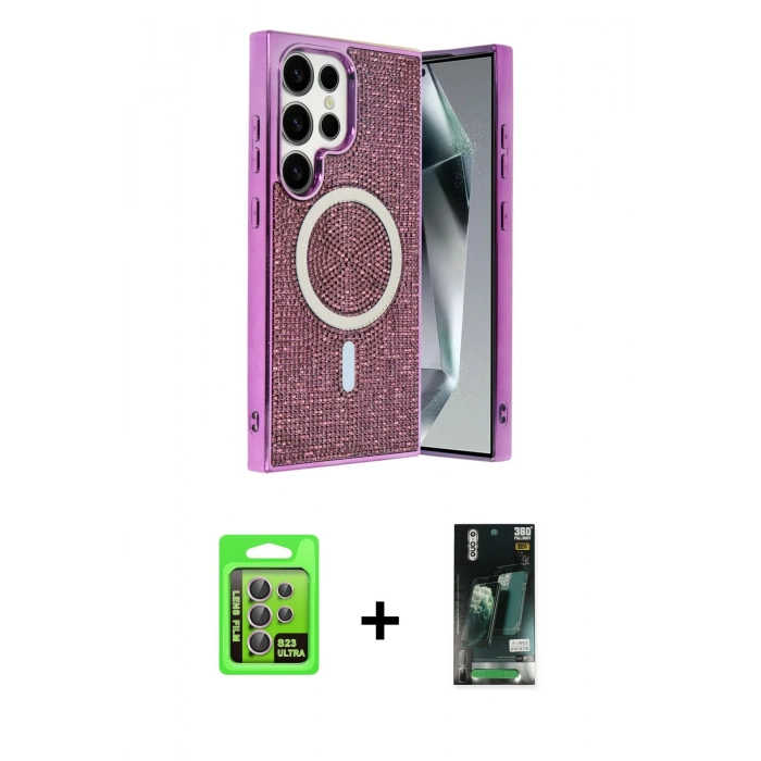 MARSİLYAN™- Galaxy S23 Ultra Kılıf Eksen Çizgi - Şeffaf 360 Full Body Arka Koruyucu + Raze Metal Kamera Lens - LA