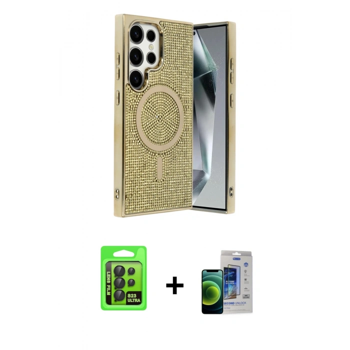 MARSİLYAN™- Galaxy S23 Ultra Kılıf Eksen Çizgi - Siyah Durable Full Glue Curved Cam + Raze Metal Kamera Lens - SH