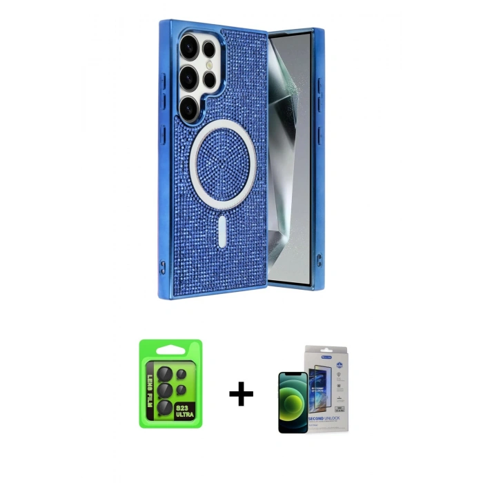 MARSİLYAN™- Galaxy S23 Ultra Kılıf Eksen Çizgi - Siyah Durable Full Glue Curved Cam + Raze Metal Kamera Lens - SH