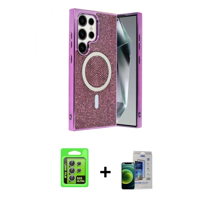 MARSİLYAN™- Galaxy S23 Ultra Kılıf Eksen Çizgi - Siyah Durable Full Glue Curved Cam + Raze Metal Kamera Lens - GS