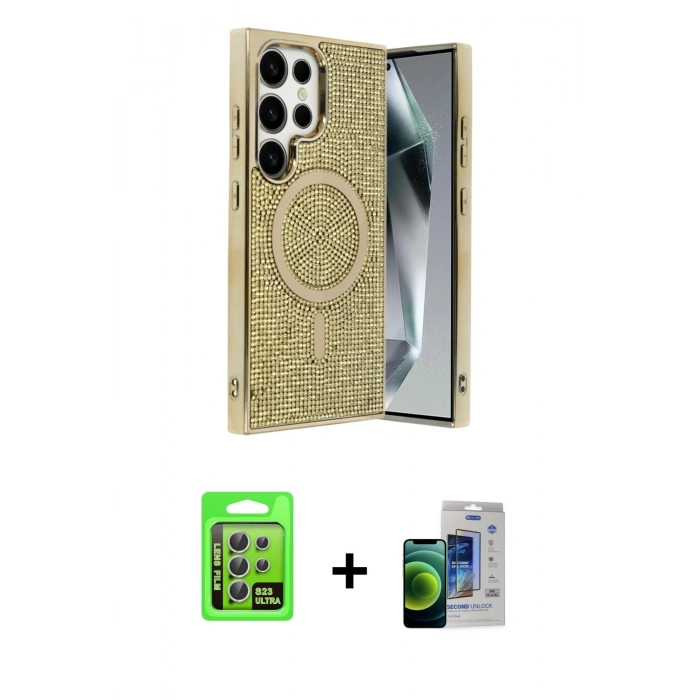 MARSİLYAN™- Galaxy S23 Ultra Kılıf Eksen Çizgi - Siyah Durable Full Glue Curved Cam + Raze Metal Kamera Lens - GS