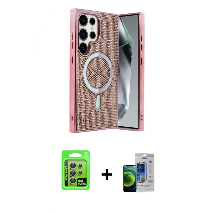 MARSİLYAN™- Galaxy S23 Ultra Kılıf Eksen Çizgi - Siyah Durable Full Glue Curved Cam + Raze Metal Kamera Lens - GS