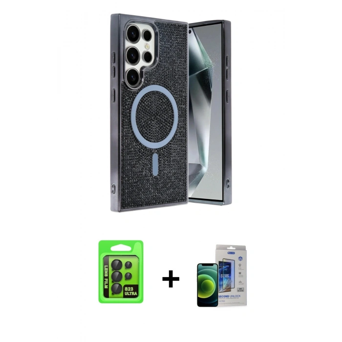 MARSİLYAN™- Galaxy S23 Ultra Kılıf Eksen Çizgi - Siyah Durable Full Glue Curved Cam + Raze Metal Kamera Lens - SH