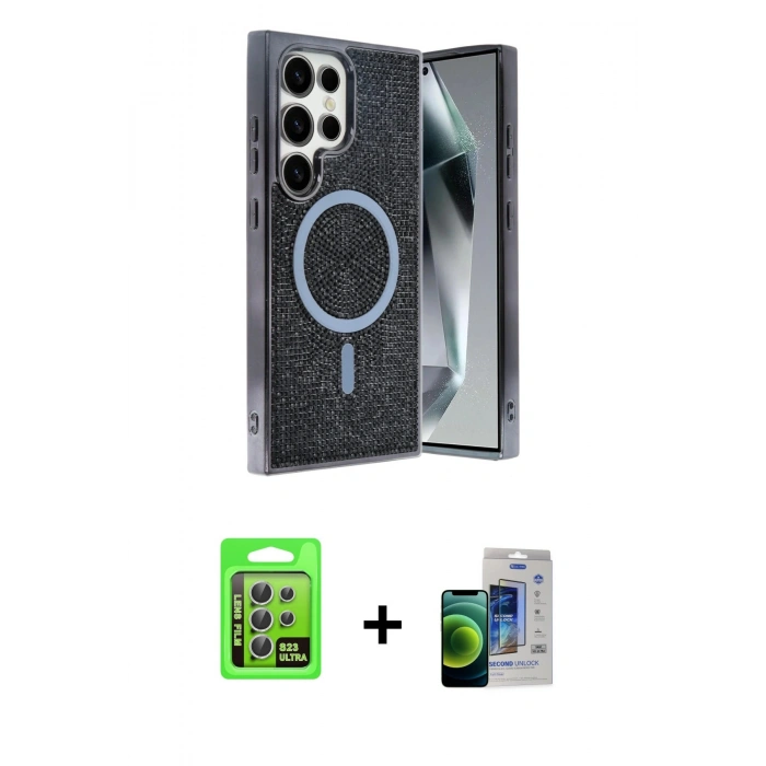 MARSİLYAN™- Galaxy S23 Ultra Kılıf Eksen Çizgi - Siyah Durable Full Glue Curved Cam + Raze Metal Kamera Lens - GS
