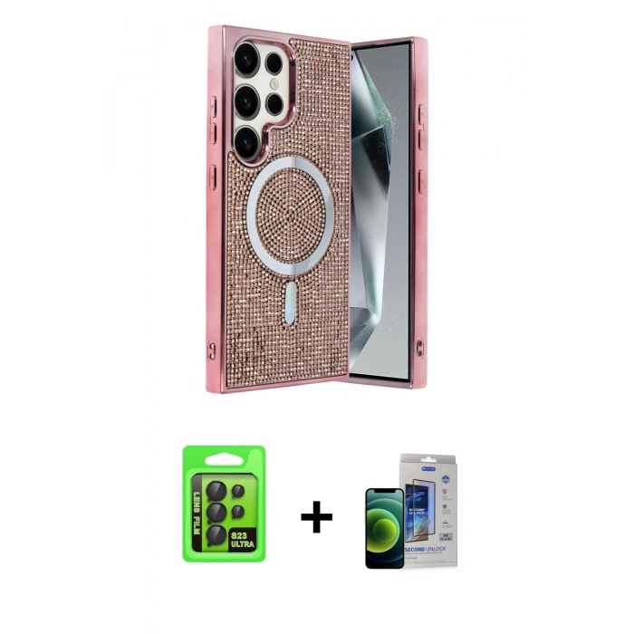 MARSİLYAN™- Galaxy S23 Ultra Kılıf Eksen Çizgi - Siyah Durable Full Glue Curved Cam + Raze Metal Kamera Lens - SH