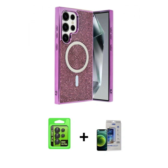 MARSİLYAN™- Galaxy S23 Ultra Kılıf Eksen Çizgi - Siyah Durable Full Glue Curved Cam + Raze Metal Kamera Lens - SH
