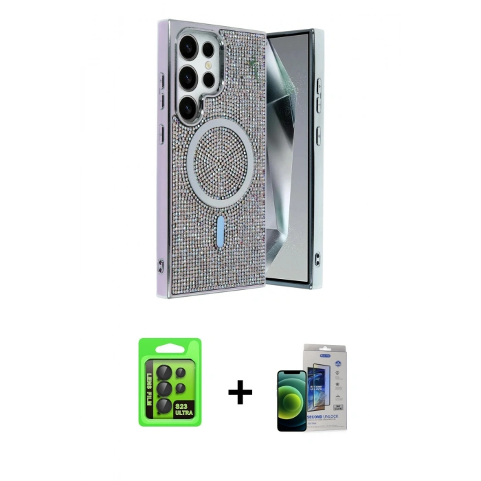 MARSİLYAN™- Galaxy S23 Ultra Kılıf Eksen Çizgi - Siyah Durable Full Glue Curved Cam + Raze Metal Kamera Lens - SH