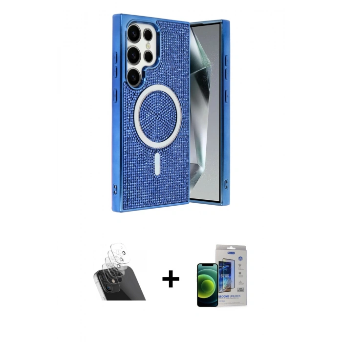 MARSİLYAN™- Galaxy S23 Ultra Kılıf Eksen Çizgi - Siyah Durable Full Glue Curved Cam + Şeffaf Kamera Lens Koruma Cam