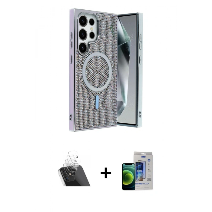 MARSİLYAN™- Galaxy S23 Ultra Kılıf Eksen Çizgi - Siyah Durable Full Glue Curved Cam + Şeffaf Kamera Lens Koruma Cam