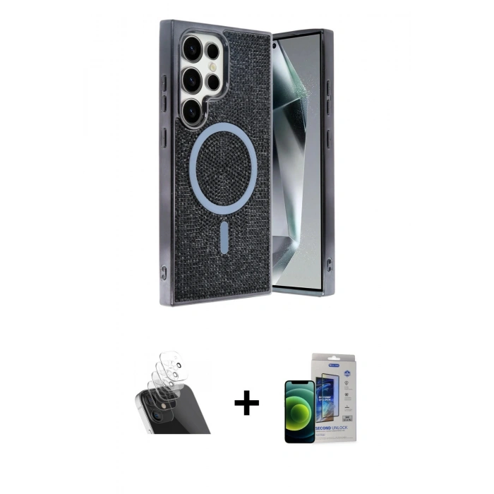 MARSİLYAN™- Galaxy S23 Ultra Kılıf Eksen Çizgi - Siyah Durable Full Glue Curved Cam + Şeffaf Kamera Lens Koruma Cam