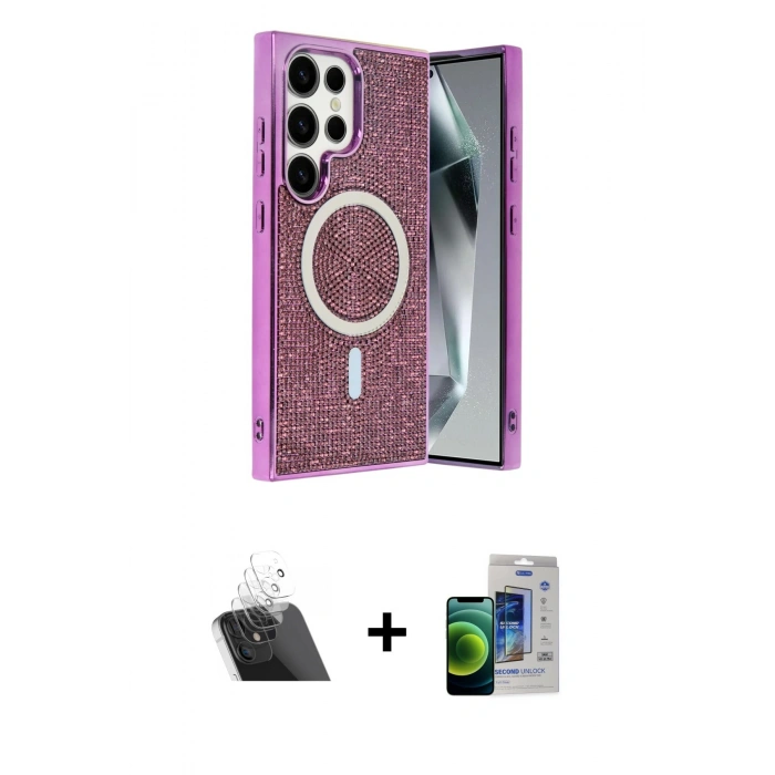 MARSİLYAN™- Galaxy S23 Ultra Kılıf Eksen Çizgi - Siyah Durable Full Glue Curved Cam + Şeffaf Kamera Lens Koruma Cam