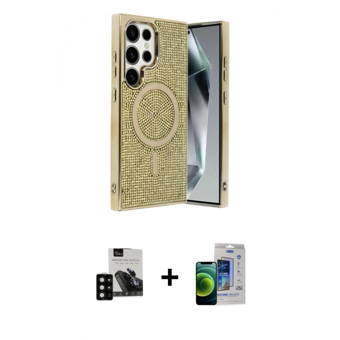 MARSİLYAN™- Galaxy S23 Ultra Kılıf Eksen Çizgi - Siyah Durable Full Glue Curved Cam + PVD Metal Kamera Lens - SH