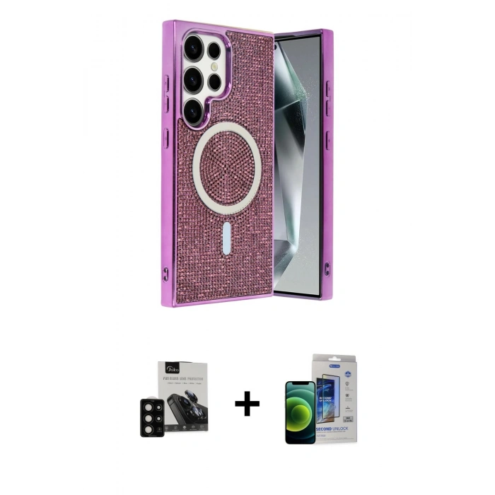 MARSİLYAN™- Galaxy S23 Ultra Kılıf Eksen Çizgi - Siyah Durable Full Glue Curved Cam + PVD Metal Kamera Lens - SH