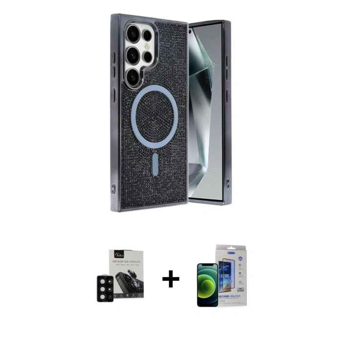 MARSİLYAN™- Galaxy S23 Ultra Kılıf Eksen Çizgi - Siyah Durable Full Glue Curved Cam + PVD Metal Kamera Lens - SH