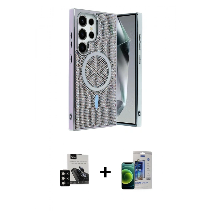 MARSİLYAN™- Galaxy S23 Ultra Kılıf Eksen Çizgi - Siyah Durable Full Glue Curved Cam + PVD Metal Kamera Lens - SH