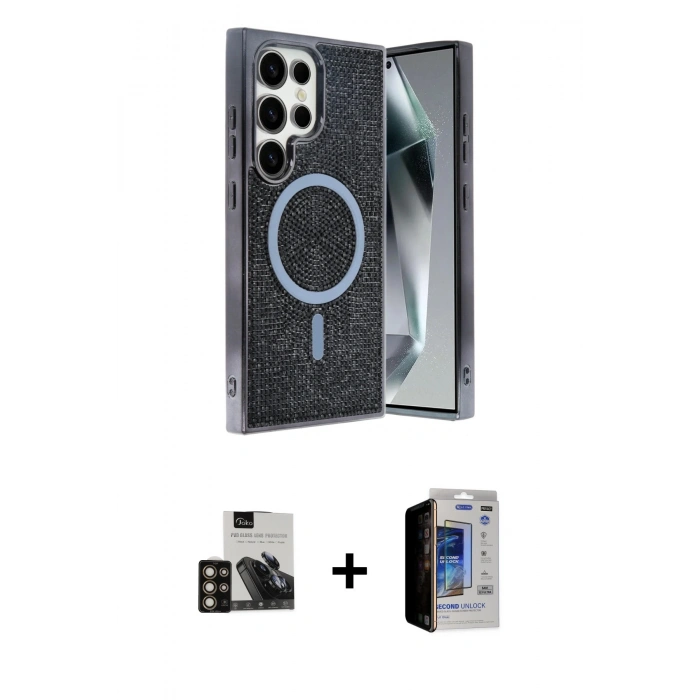 MARSİLYAN™- Galaxy S23 Ultra Kılıf Eksen Çizgi - Siyah Durable Full Glue Curved Hayalet Cam + PVD Metal Kamera Lens - GD
