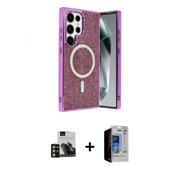 MARSİLYAN™- Galaxy S23 Ultra Kılıf Eksen Çizgi - Siyah Durable Full Glue Curved Hayalet Cam + PVD Metal Kamera Lens - GD