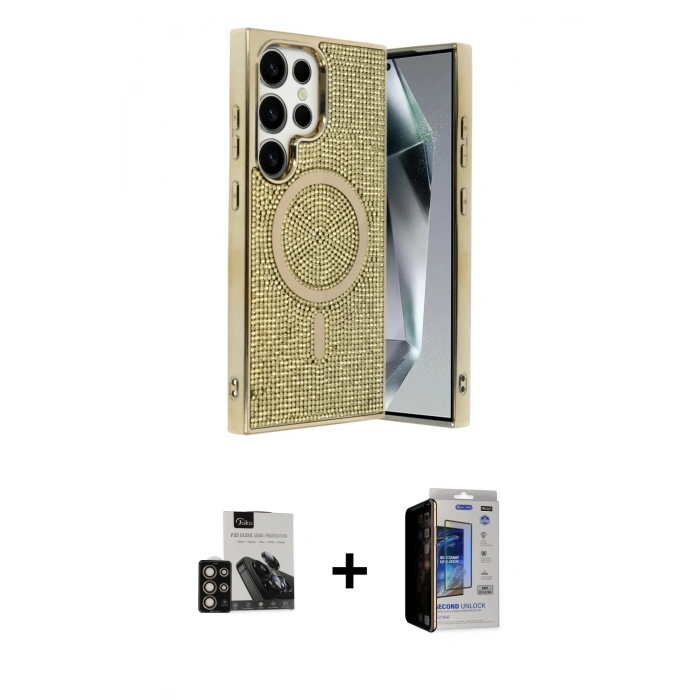 MARSİLYAN™- Galaxy S23 Ultra Kılıf Eksen Çizgi - Siyah Durable Full Glue Curved Hayalet Cam + PVD Metal Kamera Lens - GD