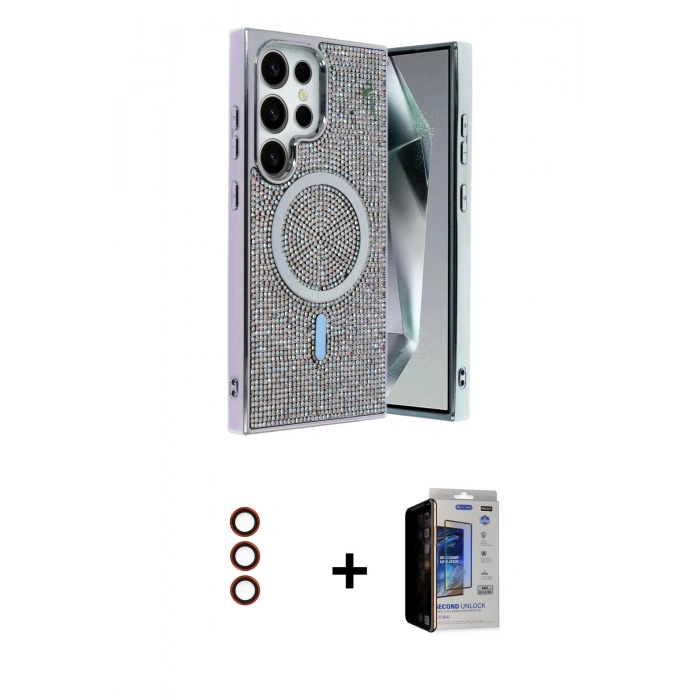 MARSİLYAN™- Galaxy S23 Ultra Kılıf Eksen Çizgi - Siyah Durable Full Glue Curved Hayalet Cam + Metal Kamera Lens - KI