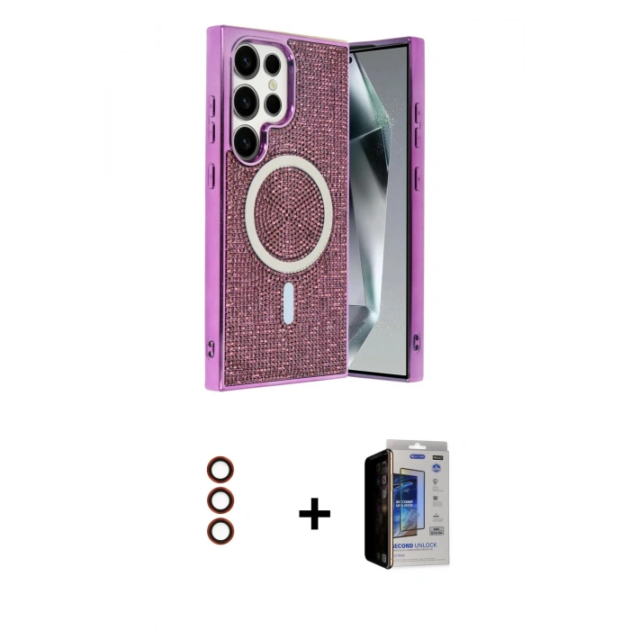 MARSİLYAN™- Galaxy S23 Ultra Kılıf Eksen Çizgi - Siyah Durable Full Glue Curved Hayalet Cam + Metal Kamera Lens - KI