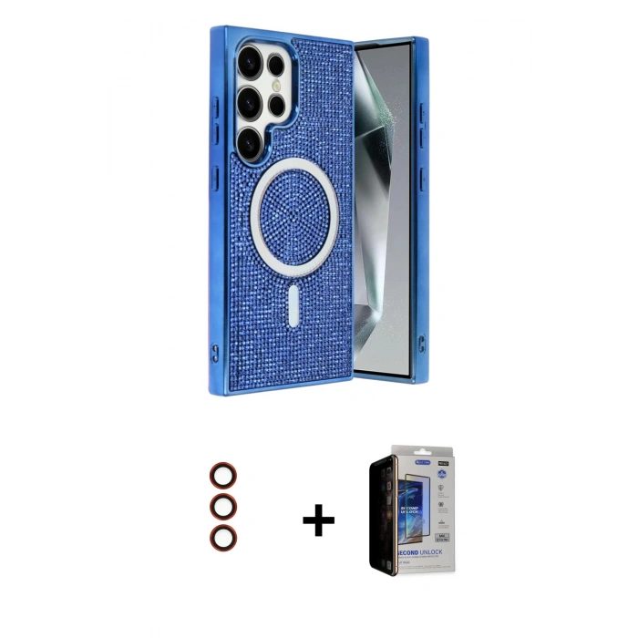 MARSİLYAN™- Galaxy S23 Ultra Kılıf Eksen Çizgi - Siyah Durable Full Glue Curved Hayalet Cam + Metal Kamera Lens - KI