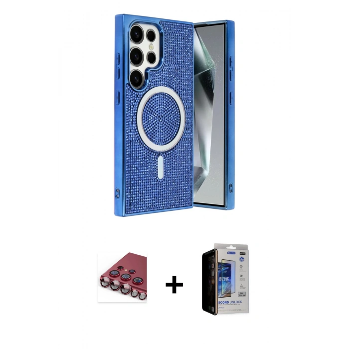MARSİLYAN™- Galaxy S23 Ultra Kılıf Eksen Çizgi - Siyah Durable Full Glue Curved Hayalet Cam + Kırmızı Valdez Metal Kamera Lens
