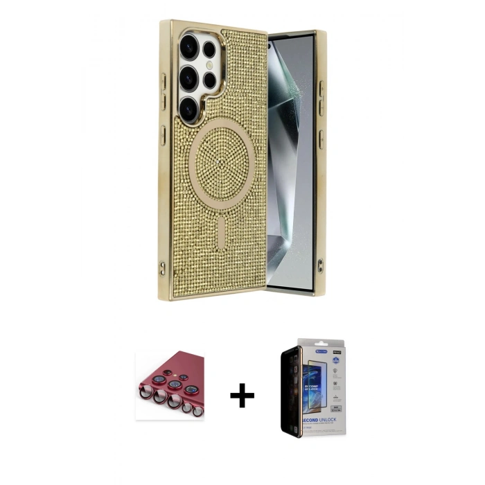 MARSİLYAN™- Galaxy S23 Ultra Kılıf Eksen Çizgi - Siyah Durable Full Glue Curved Hayalet Cam + Kırmızı Valdez Metal Kamera Lens