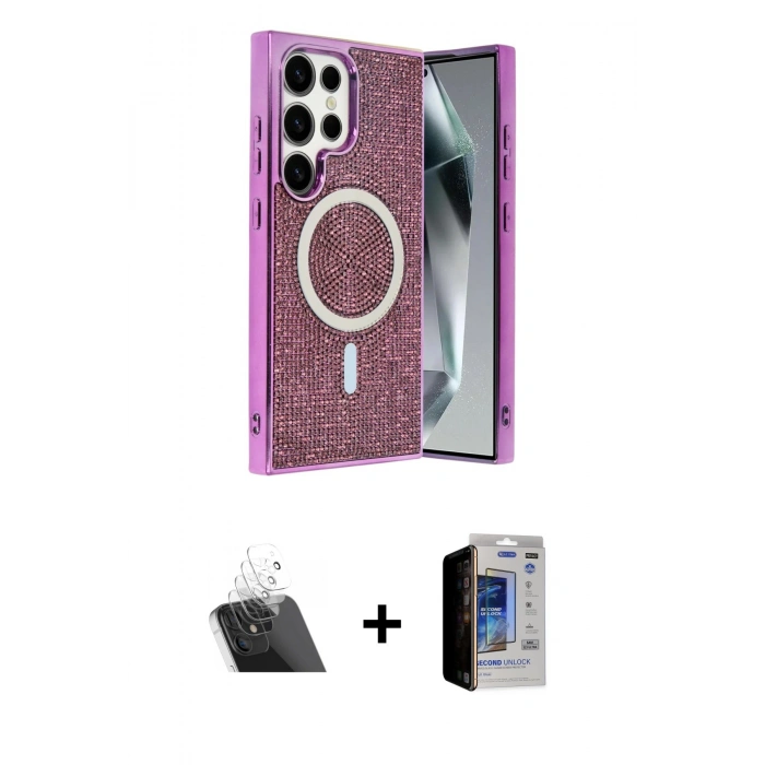 MARSİLYAN™- Galaxy S23 Ultra Kılıf Eksen Çizgi - Siyah Durable Full Glue Curved Hayalet Cam + Kamera Lens Koruma Cam - SF