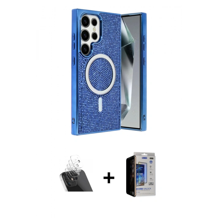MARSİLYAN™- Galaxy S23 Ultra Kılıf Eksen Çizgi - Siyah Durable Full Glue Curved Hayalet Cam + Kamera Lens Koruma Cam - SF