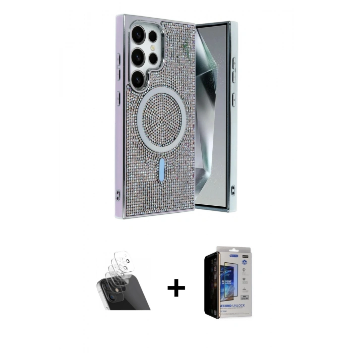 MARSİLYAN™- Galaxy S23 Ultra Kılıf Eksen Çizgi - Siyah Durable Full Glue Curved Hayalet Cam + Kamera Lens Koruma Cam - SF