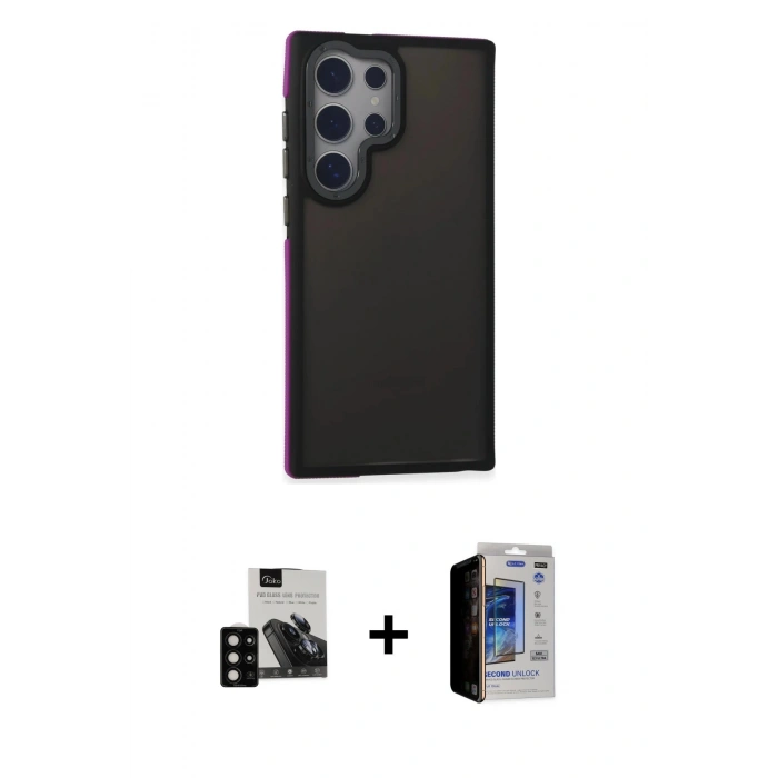 MARSİLYAN™- Galaxy S23 Ultra Kılıf Eksen Işık - Siyah Durable Full Glue Curved Hayalet Cam + Siyah PVD Metal Kamera Lens