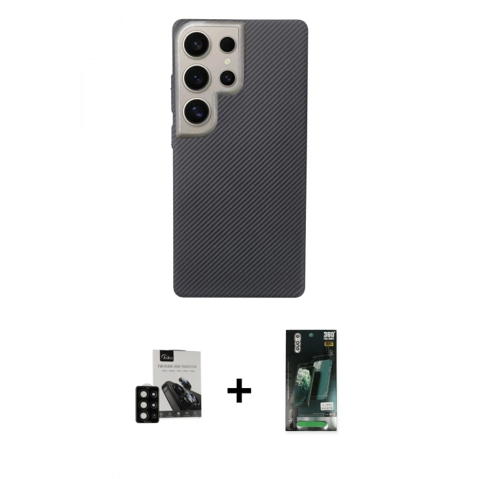 MARSİLYAN™- Galaxy S23 Ultra Kılıf Eksen Prime - Şeffaf 360 Full Body Arka Koruyucu + PVD Metal Kamera Lens - SH