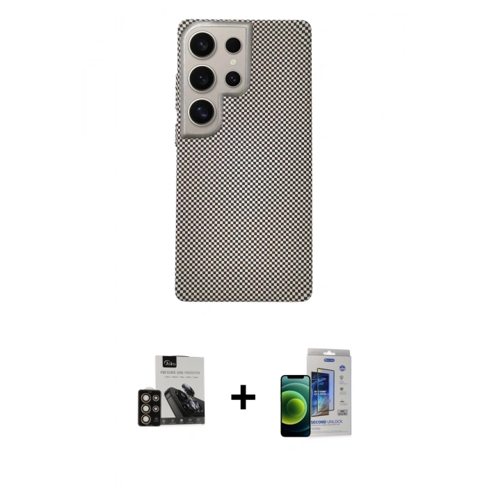 MARSİLYAN™- Galaxy S23 Ultra Kılıf Eksen Prime - Siyah Durable Full Glue Curved Cam + PVD Metal Kamera Lens - GD