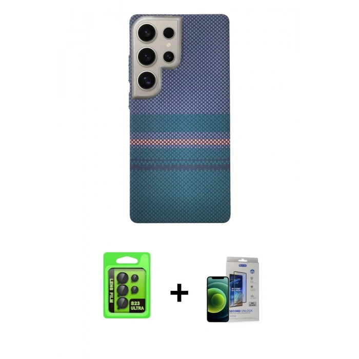 MARSİLYAN™- Galaxy S23 Ultra Kılıf Eksen Prime - Siyah Durable Full Glue Curved Cam + Raze Metal Kamera Lens - SH
