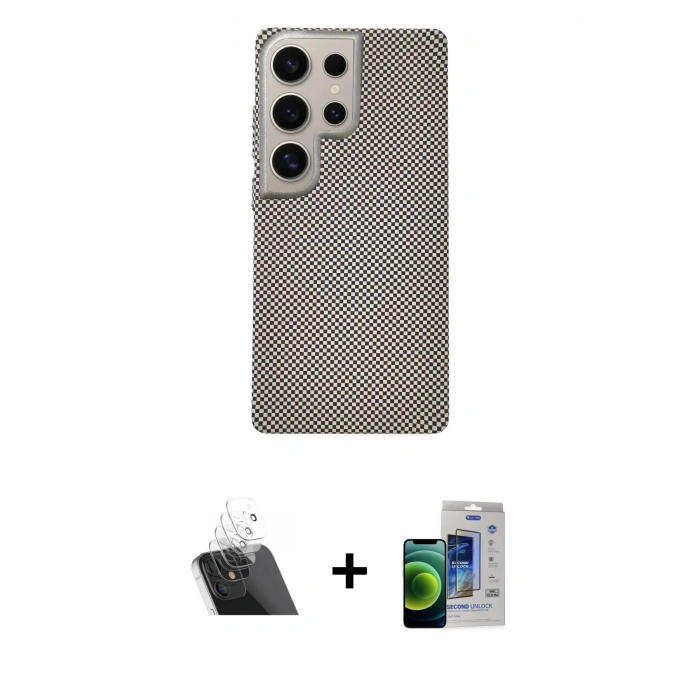 MARSİLYAN™- Galaxy S23 Ultra Kılıf Eksen Prime - Siyah Durable Full Glue Curved Cam + Kamera Lens Koruma Cam - SF