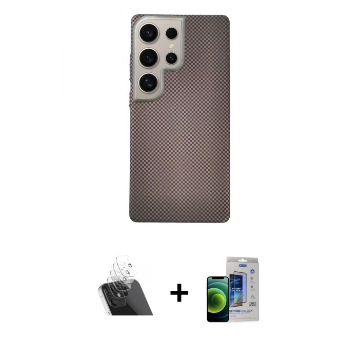 MARSİLYAN™- Galaxy S23 Ultra Kılıf Eksen Prime - Siyah Durable Full Glue Curved Cam + Kamera Lens Koruma Cam - SF